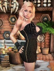 3d big_ass big_breasts blonde_hair blue_eyes cleavage dress excessive_bloom glasses mod rebecca_(original_character) skyrim tagme the_elder_scrolls