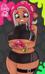 1boy 1girls agent_8_(octo_expansion) agent_8_(splatoon) big_breasts bracelet breasts cropped cuddling dark_skin giantess grey_eyes looking_down miniskirt nintendo octoling octoling_boy octoling_girl octopus patricia_(splatoon) pink_eyes pink_hair sfw short_hair smaller_male splatoon splatoon_2 splatoon_2:_octo_expansion steven_(splatoon) thick_thighs tight_clothing underboob urusee584