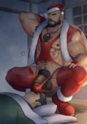 balls bara beard big_balls big_penis blush censored_penis christmas duo facial_hair gay gorou_naoki hairy male male_only muscles muscular musk penis pixelated_penis santa_claus santa_hat sleeping spread_legs sweatdrop tea_bagging thong