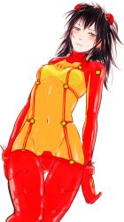 alternate_costume asuka_langley_sohryu_(cosplay) black_hair blush bodysuit cosplay embarrassed female female_only frown genderswap_(mtf) gintama hair_ornament hijikata_toshiro latex_suit long_hair looking_at_viewer mame_(pixiv) messy_hair navel neon_genesis_evangelion rule_63 skin_tight small_breasts solo sweatdrop thigh_gap tight_clothing