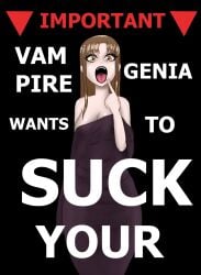 1girls black_lipstick brown_eyes brown_hair fanges female female_focus female_only hentai_genia hentai_genia_(oc) lipstick meme open_mouth purple_clothing solo solo_female text text_focus vampire