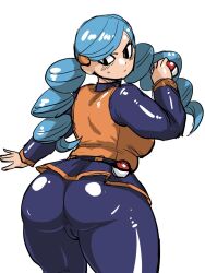 ace_trainer_(pokemon) ace_trainer_(pokemon_bw) big_ass big_breasts blue_hair cameltoe chubby female hakamori_aqua02 human leggings looking_back pokeball pokemon pokemon_bw solo sweat