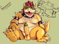 1boy 2022 anthro anthro_only bodily_fluids bowser claws drooling erection full_body genitals grosssuccubus hi_res koopa looking_at_viewer male male_only mario_(series) multiple_views nintendo nude open_mouth penis saliva scalie simple_background sitting solo teeth testicles video_games