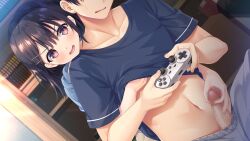 1boy assertive_female black_hair blush brother_and_sister brown_eyes censored clothes_lift controller courreges_ace erection female gaman_ga_dekinai_doutei_aniki_to_sunao_ni_narenai_hankou_imouto game_cg game_controller hair_ornament hairclip handjob holding holding_controller holding_game_controller incest indoors medium_hair mosaic_censoring navel open_mouth penis playing_games reach-around shirt shirt_lift siblings smile smug straight sweatdrop t-shirt wavy_mouth