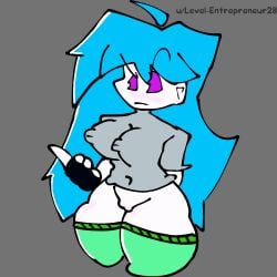 artist_name blue_hair female fingerless_gloves friday_night_funkin green_socks grey_shirt level_entreppreneur28 medium_breasts mob_face nipples_bulge purple_eyes pussy_exposed simple_background sky_(friday_night_funkin) skychi skychi_(friday_night_funkin) skyverse