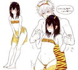 1boy 1girls alternate_costume bandeau black_hair blush embarrassed female full_body genderswap_(mtf) gintama gintoki_sakata hairband hijikata_toshiro male mame_(pixiv) medium_hair oni_horns panties restricted_palette rule_63 sarong small_breasts sweatdrop thong tiger_print underboob wardrobe_malfunction wrist_grab