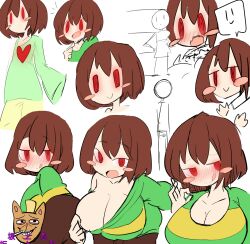 1girls 2d big_breasts blush brown_hair burgerpants chara colored cute edit female hypnotized_personality_change hypnotized_presentation large_breasts light-skinned_female light_skin mob_face ok_sign open_mouth pale-skinned_female pale_skin petronoise petronoise_(edit) red_eyes simple_background sketch toby_fox undertale undertale_(series)