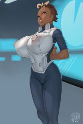 breast_expansion brown_hair brown_skin erect_nipples female_only fully_clothed harriet_bree huge_breasts neozoa nipple_bulge nz_naughty pink_eyes rwby solo standing_at_attention tight_clothing tight_pants