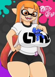 1boy 1girls big_breasts big_thighs blue_inkling_boy breasts closed_eyes cropped cuddling fangs giantess inkling inkling_boy inkling_girl inkling_squid kaori_(splatoon) light_skin long_hair looking_down nintendo orange_eyes orange_hair orange_inkling_girl safe_for_work sfw smaller_male splatoon thick_thighs urusee584