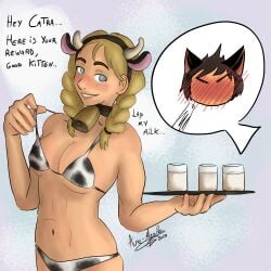 2020 2020s 2girls abs adora artist_name aure-mgk barely_clothed bell bell_collar bikini bikini_bottom bikini_lift bikini_pull bikini_top blonde_female blonde_hair blue_eyes blush braid braided_hair breasts brown_hair canon_couple cat_ears catgirl catra cleavage collar cow_accoutrements cow_bell_collar cow_ears cow_girl cow_horns cow_print cow_print_bikini cowbell dialogue english_text female female_only hi_res human humanoid implied_breast_milk implied_lactation light-skinned_female light_skin long_hair looking_away looking_to_the_side milk multiple_girls offscreen_character seductive seductive_smile serving_tray she-ra_and_the_princesses_of_power short_hair sideboob smile smirk solo solo_female solo_focus text twin_braids twintails underboob watermark wholesome yuri