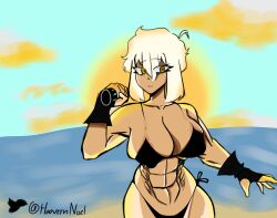 abs ahoge beach bikini cleavage cream_hair curvy_body curvy_female curvy_figure curvy_hips fingerless_gloves gloves golden_eyes huge_ass huge_breasts huge_butt huge_thighs monster_energy muscle muscular muscular_female short_hair