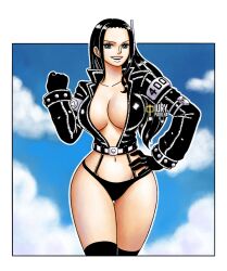 1girls big_breasts boots breasts busty cleavage curvy egghead female female_only iury_padilha jacket looking_at_viewer nico_robin nico_robin_(egghead) no_pants one_piece one_piece:_egghead_arc panties skimpy skimpy_clothes solo thick_thighs