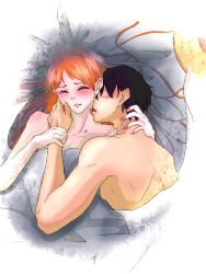 1boy 1boy1girl 1girls after_sex bed black_hair blanket blush couple cuddling female hickey hickey_marks in_bed kissing kissing_neck long_hair lying_on_bed male monkey_d_luffy nami nami_(one_piece) neck_kiss nude on_back one_piece orange_hair post-timeskip scar sensual short_hair straw_hat uryu_kiryu