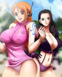 2girls belly belly_button black_hair blue_eyes blurry_background brown_eyes busty cleavage curvy egghead female female_only futuristic headgear jacket nami nico_robin nipple_bulge no_pants one_piece orange_hair panties pink_clothing post-timeskip rakara11 skimpy skimpy_clothes thick_thighs voluptuous