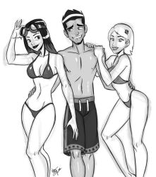 1boy 2girls 2girls1boy aeolus06 annie_(generator_rex) bikini black_and_white cartoon_network circe_(generator_rex) female generator_rex male mexican_male rex_salazar shirtless sketch smile swim_trunks swimwear woman