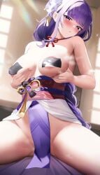 1girls big_breasts blush fantongjun female female_only genshin_impact hair_ornament hand_on_breast hands_on_breasts indoors japanese_clothes kimono large_breasts long_hair looking_at_viewer pasties purple_eyes purple_hair raiden_shogun sioconsole1 solo solo_female sunlight thick thighs voluptuous