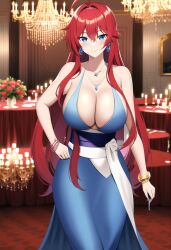 1girls ahoge ai_generated big_breasts blue_eyes blush bracelet bracelets breasts cleavage clothed clothing dress earrings eyebrows_visible_through_hair female girl hand_on_hip high_school_dxd huge_breasts human light-skinned_female light_skin long_hair looking_at_viewer nai_diffusion necklace pixiv red_hair rias_gremory room smile smiling smiling_at_viewer stable_diffusion sutatenken table thin_eyebrows white_body white_skin