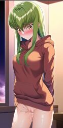 1girls artist_request blushing bottomless c.c. clothing code_geass embarrassed eyebrows_visible_through_hair female female_focus female_only green_hair jacket masturbation pussy solo solo_female solo_focus sweatshirt tagme yellow_eyes