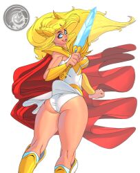 1girls adora armor ass black_eyeliner blonde_female blonde_hair blue_eyes boots bracer cape dragonfetus dress eyeliner female female_only gold_boots hi_res large_breasts leotard leotard_under_clothes long_hair looking_at_viewer looking_back makeup open_mouth pauldrons red_cape she-ra she-ra_and_the_princesses_of_power simple_background skirt smile solo solo_female sword thick_thighs tiara two_tone_boots very_long_hair watermark weapon white_background white_boots white_dress white_leotard white_skirt wide_hips