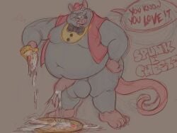 2022 akutanuki anthro balls belly big_belly bodily_fluids chuck_e_cheese chuck_e_cheese_(franchise) clothing cum cum_on_food english_text fat food genital_fluids genitals hat headgear headwear male male_only mammal mascot moobs murid murine nipples obese obese_male overweight overweight_male partially_clothed penis pizza rat rodent solo text