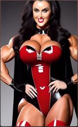 abigail_ratchford ai_generated big_breasts big_muscles black_cape black_hair bodice breasts cape choker cleavage cleavage_dress cleavage_overflow corset dream_(ai) evil evil_grin evil_smile extreme_breasts extreme_muscles gigantic_breasts gigantic_muscles gradient_background half_gloves hands_on_hips huge_breasts huge_muscles large_breasts large_muscles leather leather_clothing long_hair muscles muscular muscular_arms muscular_female muscular_legs muscular_thighs red_boots red_lips red_lipstick red_thigh_boots red_thigh_highs red_thigh_highs_boots red_thighhighs shiny shiny_clothes supervillain supervillainess thigh_highs thighhigh_boots wide_hips