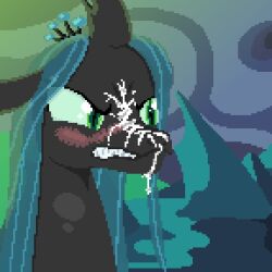 2d angry black_body blue_hair blush bodily_fluids cave clenched_teeth crown cum cum_drip cum_on_face dripping equid equine female feral friendship_is_magic genital_fluids green_eyes hair hasbro loose_noose mammal my_little_pony pixel_art queen_chrysalis_(mlp) rock solo teeth