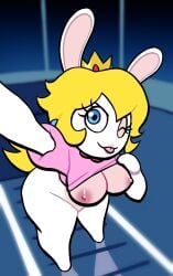 areola areolae breasts female flashing flashing_breasts lagomorph lagomorph_humanoid lovetopullmicke mario_(series) mario_+_rabbids mario_+_rabbids:_sparks_of_hope nintendo nipples no_humans partially_clothed rabbid rabbid_peach raving_rabbids selfie shirt thighs ubisoft winking winking_at_viewer