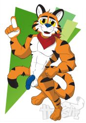 anthro felid frosted_flakes genitals half-erect hokshi kellogg's looking_at_viewer male male_only mammal mascot pantherine penis solo tiger tony_the_tiger