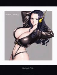 1girls arms_up belly big_breasts black_hair breasts busty cleavage curvy curvy_female egghead female female_only headgear jacket leather leather_clothing leather_jacket nico_robin one_piece pose post-timeskip post_timeskip seductive shinjinou skimpy skimpy_clothes slim solo thick_thighs thong