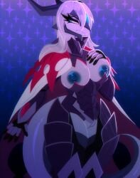 absurd_res anthro armor black_body blue_eyes breasts clothed clothing digital_media_(artwork) female gaiki genitals hair hi_res ineffective_clothing nipples pussy rasha simple_background solo unconvincing_armor unknown_species white_body