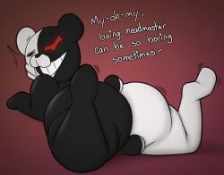 animate_inanimate anthro ass backsack balls big_butt black_body blush chunknudies danganronpa dialogue digital_media_(artwork) english_text genitals hi_res living_plushie looking_at_viewer male mammal monokuma multicolored_body no_humans nude plushie simple_background smile smooth_skin solo solo_male split_color teeth text ursid video_games white_body