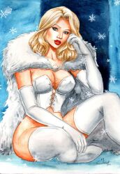 big_breasts blonde_hair blue_eyes bodice bottomless bottomless_female emma_frost female female_only huge_breasts israel_(artist) israelanime lingerie looking_at_viewer marvel marvel_comics no_panties no_pants sexwear white_lingerie white_queen x-men