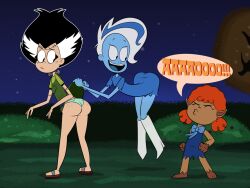 3girls ass ass_freckles ass_in_dress black_eyes black_hair blue_dress blue_panties blue_skin bow brown_fur butt_freckles dialogue elsa_frankenteen english_text eyebrows female female_focus female_only freckles fur ghost ghost_girl hair_streak hanna-barbera howl humanoid light_blue_panties monster multicolored_hair night orange_hair outdoors panties phantasma_phantom scobionicle99 scooby-doo scooby-doo_and_the_ghoul_school speech_bubble teeth text underwear werewolf werewolf_girl white_hair winnie_werewolf