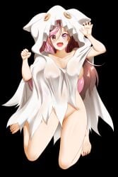 ghost_costume heterochromia kimmy77 looking_at_viewer naked_sheet neo_(rwby) open-mouth_smile rwby two_tone_hair