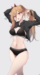 bikini blonde_female blonde_hair calvin_klein chainsaw_man feintheart721 hoodie horns long_hair long_sleeves medium_breasts power_(chainsaw_man) surprised surprised_expression thighs