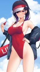 1girls :) bare_shoulders big_breasts black_hair blush breasts cleavage cropped female female_only gradient_hair half-closed_eyes hand_on_waist highres legs lifeguard light-skinned_female looking_at_viewer navel_visible_through_clothes one-piece_swimsuit original original_character ponytail purple_eyes purple_hair red_swimsuit sideboob sky smile solo standing swimsuit whistle z.taiga