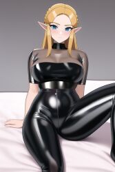 ai_generated bed big_breasts blonde_hair blue_eyes elf elf_ears elf_female female female_only latex latex_pants latex_suit long_hair nai_diffusion pants princess_zelda shiny_clothes smile stable_diffusion the_legend_of_zelda thick_thighs tight_pants zelda_(breath_of_the_wild)