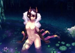 1girls ariel_(kumo_desu_ga_nani_ka?) belly black_hair breasts censored clothed clothed_female clothed_sex clothes clothing color colored earrings elbow_gloves evening exposed_pussy flower fur fur_coat grass half_submerged horn horns kumo_desu_ga_nani_ka? lake lily_pad looking_down medium_breasts mosaic_censoring night nighttime nipples on_water outdoor outdoors outside plant plants pointed_ears pointy_ears pomonna pond pussy red_eyes sharp_ears short_hair small_frame stockings stomach water water_lily wet wet_clothes