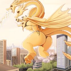 anthro ass big_breasts big_butt bikini bikini_thong blush blush_lines breasts building city clothing dragon female godzilla_(series) happy hi_res hydra kaiju king_ghidorah macro membrane_(anatomy) membranous_wings multi_head ncmares raps rule_63 scalie side-tie_bikini swimwear toho tongue tongue_out wings