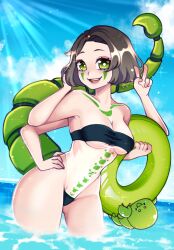 1girls 4_arms beannivt_(artist) brown_hair bug_girl chitin clouds female female_only green_eyes gris_swimsuit happy indie_virtual_youtuber insect_girl light-skinned_female light_skin meme_attire monster_girl outside radia_active revealing_clothes scorpion_girl scorpion_tail solo swimsuit tattoos v_sign virtual_youtuber vtuber water