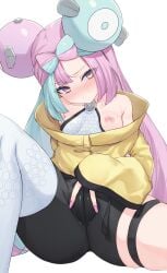 absurdres aqua_hair bangs bare_shoulders blush breasts character_hair_ornament female hair_ornament highres iono_(pokemon) jacket long_hair long_sleeves looking_at_viewer mizuongaku multicolored_hair nipples one_breast_out pink_eyes pink_hair pink_nails pokemon pokemon_(game) pokemon_sv short_shorts shorts simple_background single_thighhigh small_breasts solo spread_legs thighhighs two-tone_hair yellow_jacket