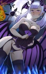 1girls bare_shoulders bats black_clover blush breast_squish breasts cosplay devil_horns devil_tail earrings embarrassed female female_only halloween halloween_costume looking_at_viewer no_bra noelle_silva panties pigtails purple_eyes purple_ribbon silver_hair solo stockings tail the_amazing_gambit thighs wings