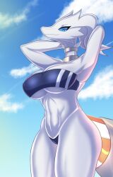 anthro armpits arms_up asutatinn61 black_background blue_eyes dragon dragon_girl huge_breasts legendary_pokémon pokémon_(species) pokemon presenting_breasts reshiram showing_breasts white_fur white_hair