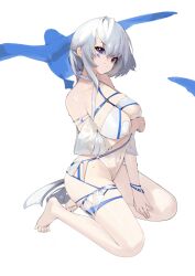 1girls absurdres barefoot bikini blue_eyes female female_only heart_pasties highres light-skinned_female light_skin looking_at_viewer navel pasties prossss sitting solo swimsuit wariza white_hair white_heart_pasties white_pasties