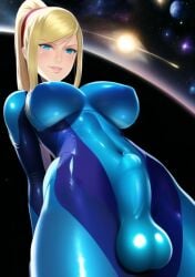 1futa ai_generated balls big_balls blonde_hair blue_eyes bodysuit breasts bulge cameltail clothed clothing erection erection_under_clothes from_below fully_clothed futa_only futanari hips human intersex light-skinned_futanari light_skin long_hair low-angle_view metroid navel nintendo penis penis_bulge penis_in_bodysuit penis_under_clothes ponytail raised_eyebrow samus_aran skin_tight skindentation solo solo_futa space standing tenting testicles twoderrick video_games wide_hips zero_suit