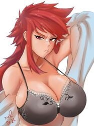 1girls 2022 big_breasts bra breasts cleavage female female_focus large_breasts long_hair looking_at_viewer matching_hair/eyes nesz red_eyes red_hair simple_background solo solo_female solo_focus tomboy upper_body white_background