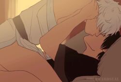 2boys animated black_hair closed_eyes clothed_sex cowgirl_position gay gintama gintoki_sakata hand_on_another's_head hijikata_toshiro implied_anal kimono kissing male male_only off_shoulder on_back orcawardseal passionate video white_hair yaoi