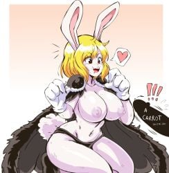 !!! 1girls big_breasts big_nipples big_penis blonde_hair blush breasts bunny bunny_ears bunny_girl bunny_tail cape carrot carrot_(one_piece) censor_bar censored clothing drooling exposed_breasts eyebrows_visible_through_hair female furry gloves heart lewdamone looking_at_penis looking_down male nails nipples one_piece panties penis penis_awe precum rabbit_ears rabbit_girl rabbit_humanoid rabbit_tail shocked short_hair shounen_jump sweat talking text yellow_hair