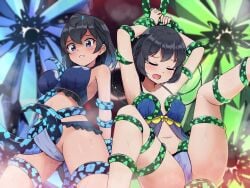 2girls absurdres antennae armpits arms_up babydoll bare_arms bare_legs black_hair blue_eyes bra breasts cellien_(kemono_friends) closed_eyes collarbone commentary_request frilled_bra frilled_panties frills front_slit greater_lophorina_(kemono_friends) head_wings highres imminent_rape implied_penetration kemono_friends large_breasts lingerie multiple_girls navel open_mouth panties pussy_juice restrained shiraha_maru short_hair spread_legs tears tentacle tentacles_under_clothes underwear underwear_only western_parotia_(kemono_friends)