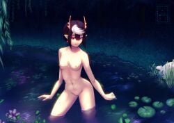 1girls ariel_(kumo_desu_ga_nani_ka?) belly black_hair breasts censored color colored completely_nude completely_nude_female earrings evening exhibitionism exposed_breasts exposed_pussy female female_only flower grass half_submerged horn horns kumo_desu_ga_nani_ka? lake lily_pad looking_down medium_breasts mosaic_censoring night nighttime nipples nude nude_female on_water outdoor outdoors outside plant plants pointed_ears pointy_ears pomonna pond pussy red_eyes sharp_ears short_hair small_frame sole sole_female solo solo_female stomach water water_lily